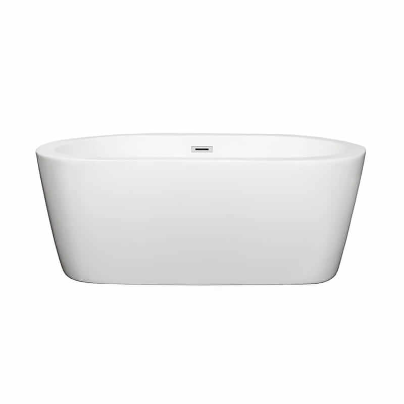 Wyndham Collection Mermaid 60 Inch Freestanding Acrylic White Bathtub With Polished Chrome Trim No Faucet Front View