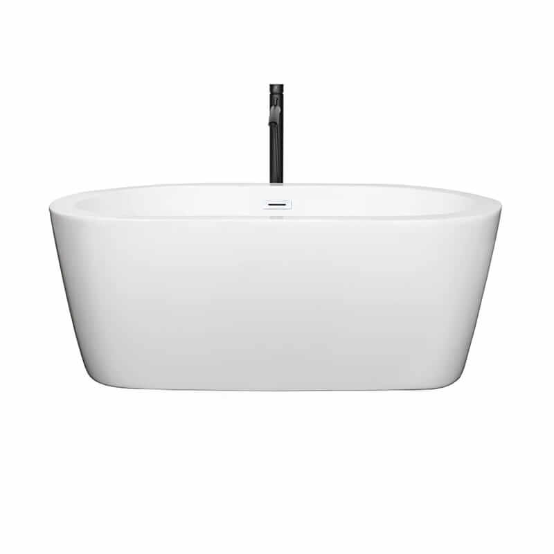 Wyndham Collection Mermaid 60 Inch Freestanding Acrylic White Bathtub With Shiny White Trim and Matte Black Faucet Front View