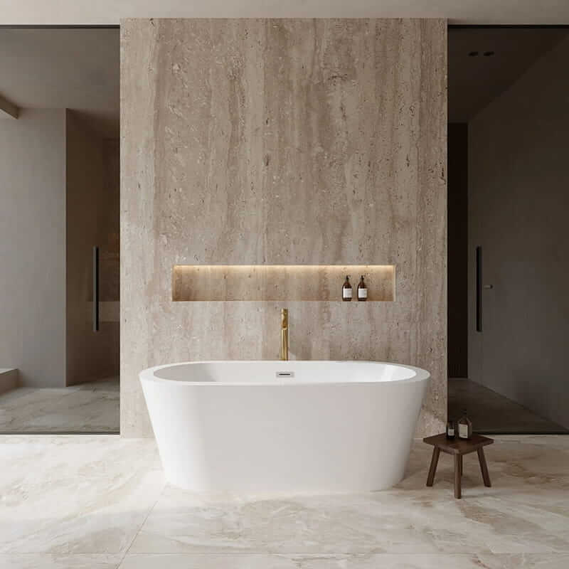 Wyndham Collection Mermaid 67" Freestanding Acrylic White Bathtub With Polished Chrome Trim and Brushed Gold Faucet Lifestyle