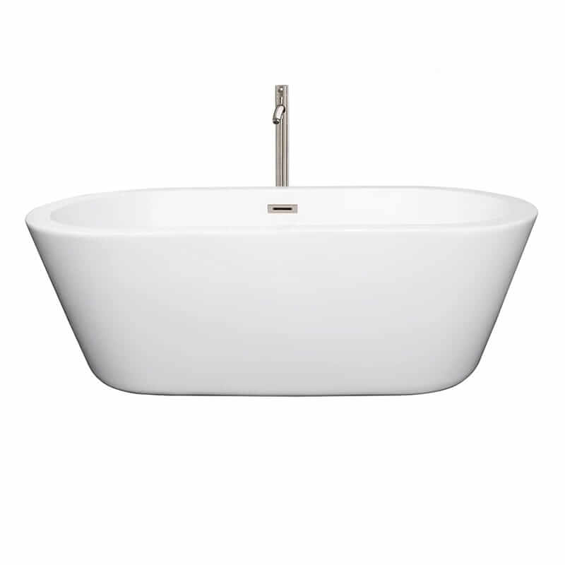 Wyndham Collection Mermaid 67 Inch Freestanding Acrylic White Bathtub With Brushed Nickel Trim Front View