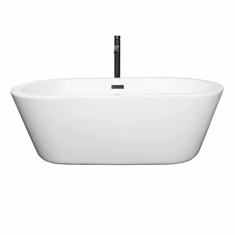 Wyndham Collection Mermaid 67 Inch Freestanding Acrylic White Bathtub With Matte Black Trim Front View