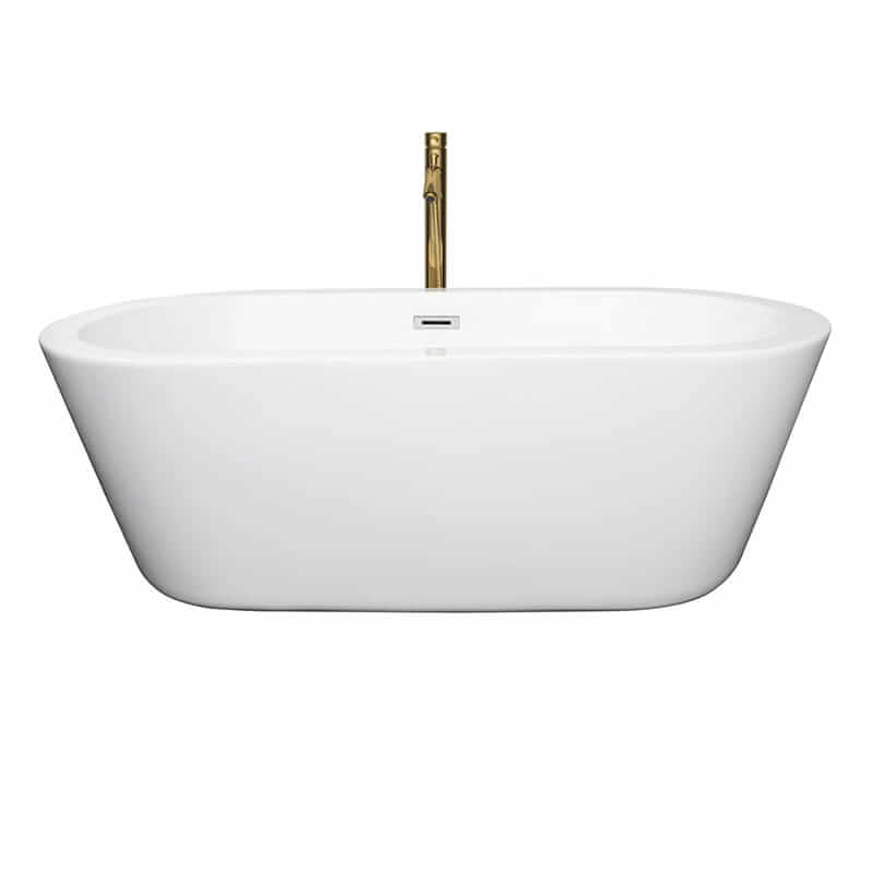 Wyndham Collection Mermaid 67 Inch Freestanding Acrylic White Bathtub With Polished Chrome Trim and Brushed Gold Faucet Front View