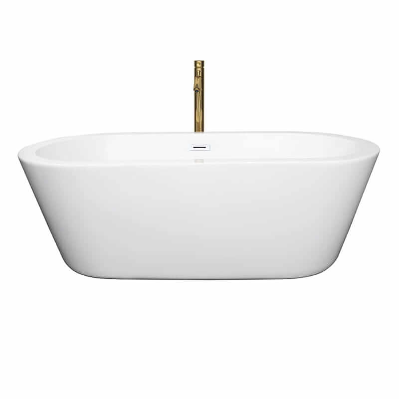 Wyndham Collection Mermaid 67 Inch Freestanding Acrylic White Bathtub With Shiny White Trim and Brushed Gold Faucet Front View