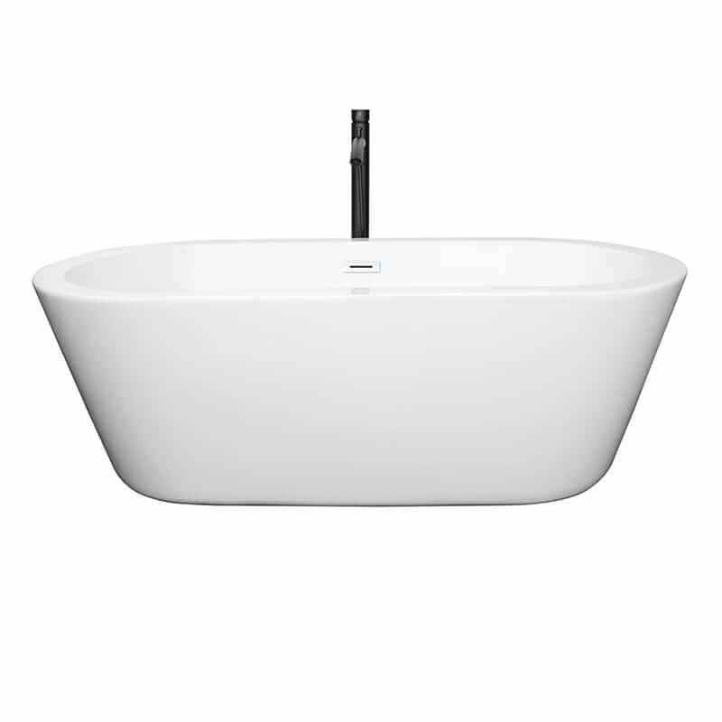 Wyndham Collection Mermaid 67 Inch Freestanding Acrylic White Bathtub With Shiny White Trim and Matte Black Faucet Front View