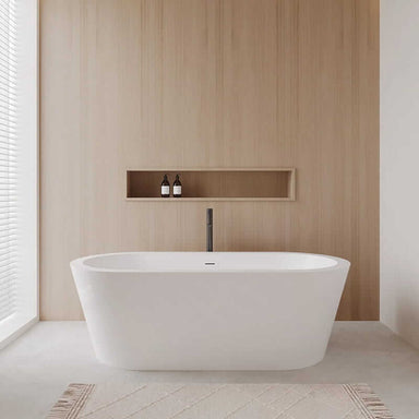 Wyndham Collection Mermaid 71" Freestanding Acrylic White Bathtub With Shiny White Trim and Matte Black Faucet Lifestyle