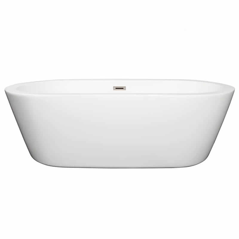 Wyndham Collection Mermaid 71 Inch Freestanding Acrylic White Bathtub With Brushed Nickel Trim No Faucet Front View