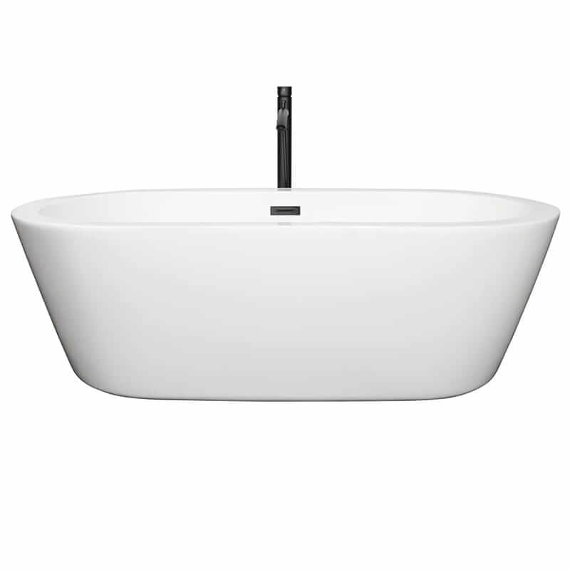 Wyndham Collection Mermaid 71 Inch Freestanding Acrylic White Bathtub With Matte Black Trim Front View