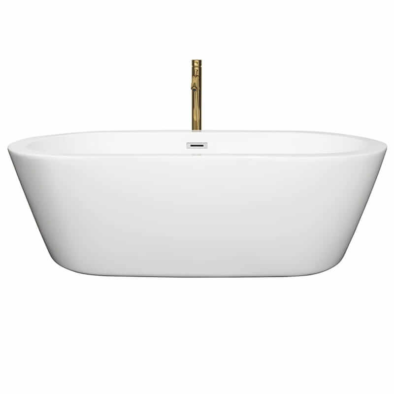 Wyndham Collection Mermaid 71 Inch Freestanding Acrylic White Bathtub With Polished Chrome Trim and Brushed Gold Faucet Front View