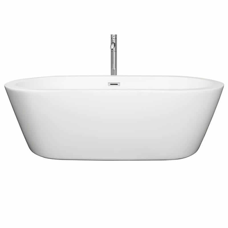 Wyndham Collection Mermaid 71 Inch Freestanding Acrylic White Bathtub With Polished Chrome Trim Front View