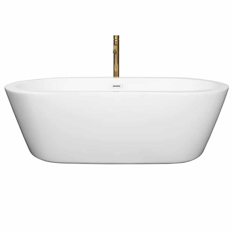 Wyndham Collection Mermaid 71 Inch Freestanding Acrylic White Bathtub With Shiny White Trim and Brushed Gold Faucet Front View