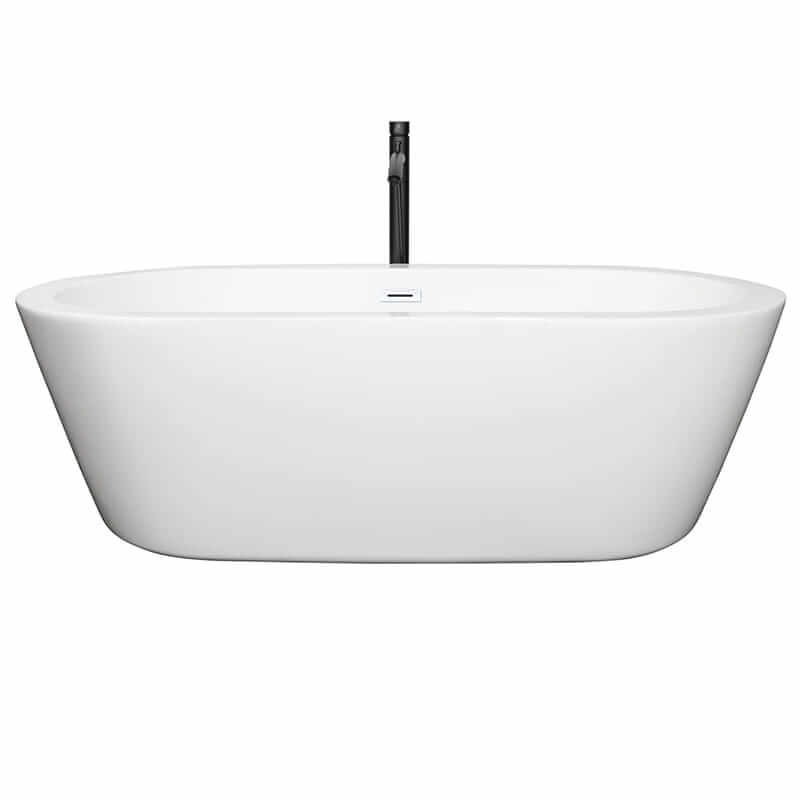 Wyndham Collection Mermaid 71 Inch Freestanding Acrylic White Bathtub With Shiny White Trim and Matte Black Faucet Front View