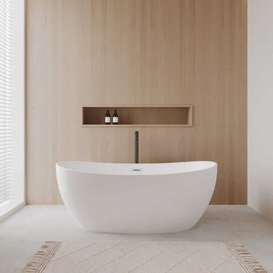 Wyndham Collection Rebecca 60" Freestanding Acrylic White Bathtub With Polished Chrome Trim and Matte Black Faucet Lifestyle