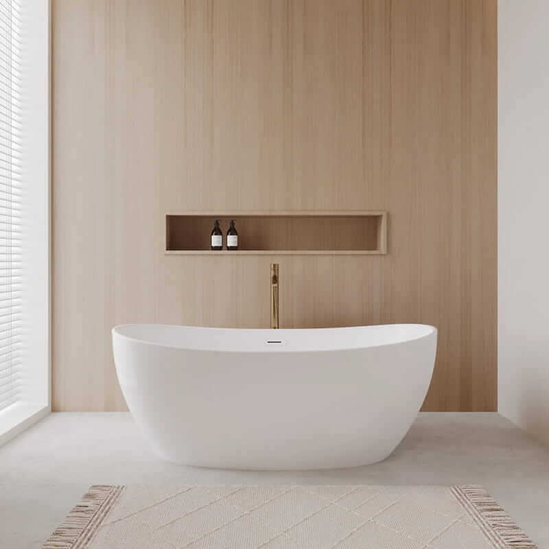 Wyndham Collection Rebecca 60" Freestanding Acrylic White Bathtub With Shiny White Trim and Brushed Gold Faucet Lifestyle