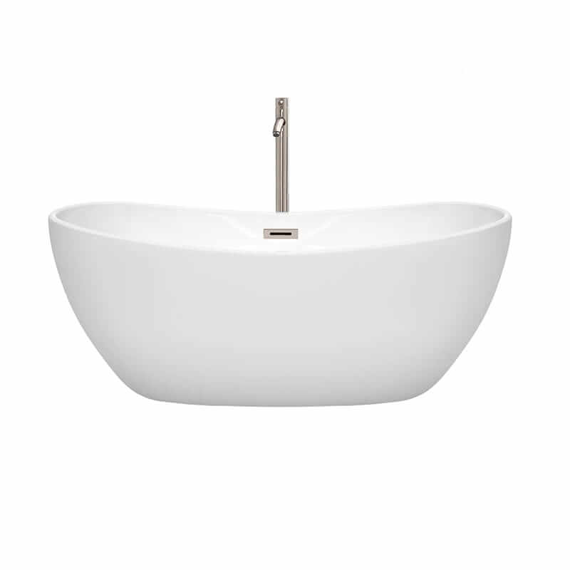 Wyndham Collection Rebecca 60 Inch Freestanding Acrylic White Bathtub With Brushed Nickel Trim Front View