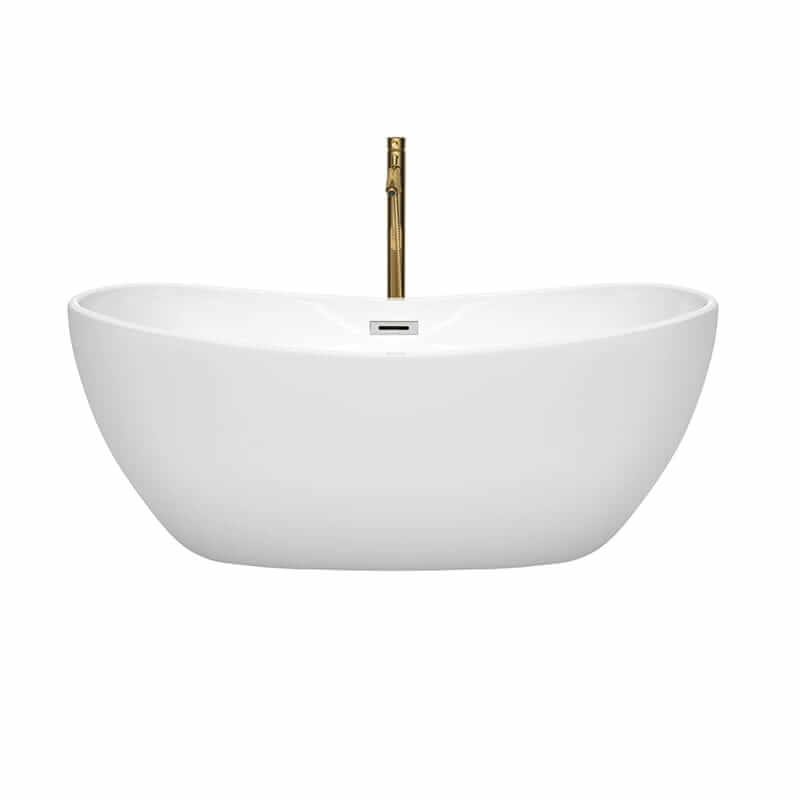 Wyndham Collection Rebecca 60 Inch Freestanding Acrylic White Bathtub With Polished Chrome Trim and Brushed Gold Faucet Front View
