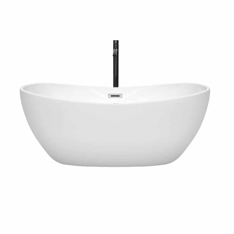 Wyndham Collection Rebecca 60 Inch Freestanding Acrylic White Bathtub With Polished Chrome Trim and Matte Black Faucet Front View