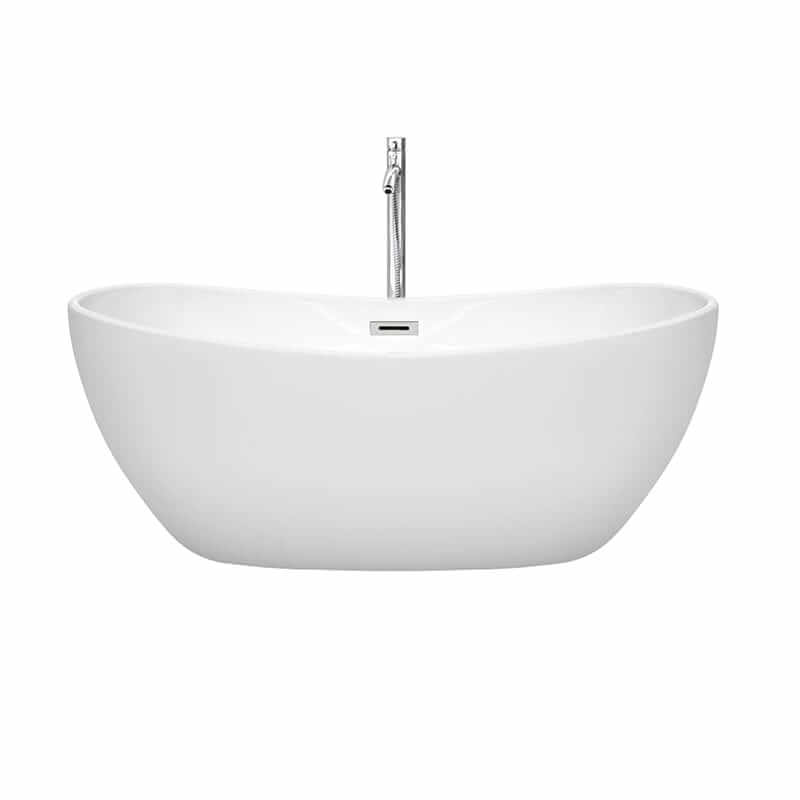 Wyndham Collection Rebecca 60 Inch Freestanding Acrylic White Bathtub With Polished Chrome Trim Front View