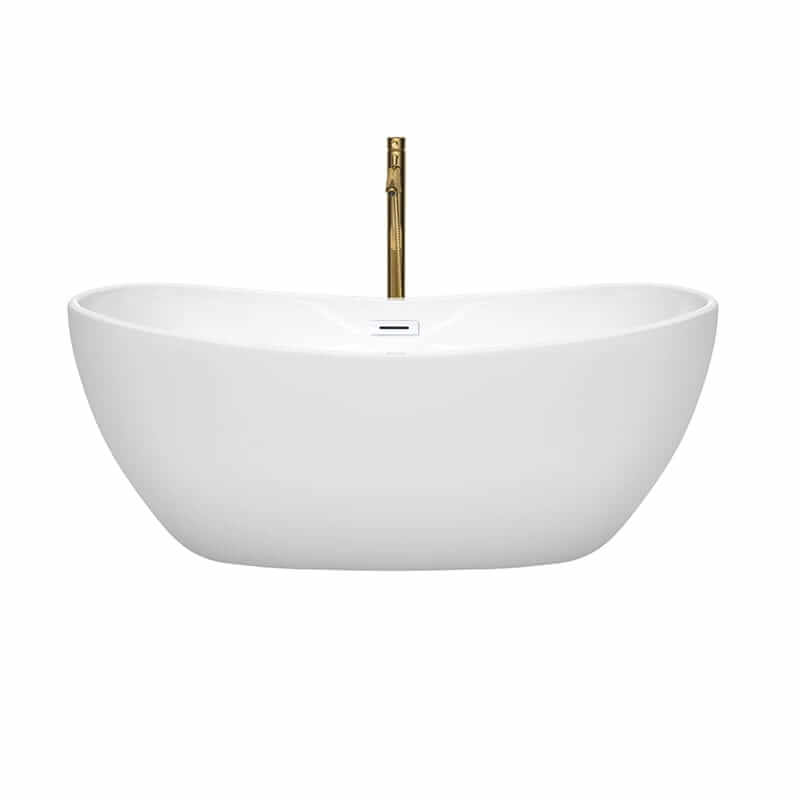 Wyndham Collection Rebecca 60 Inch Freestanding Acrylic White Bathtub With Shiny White Trim and Brushed Gold Faucet Front View