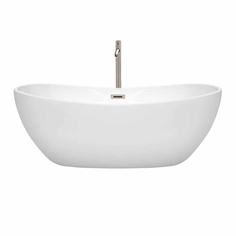 Wyndham Collection Rebecca 65 Inch Freestanding Acrylic White Bathtub With Brushed Nickel Trim Front View