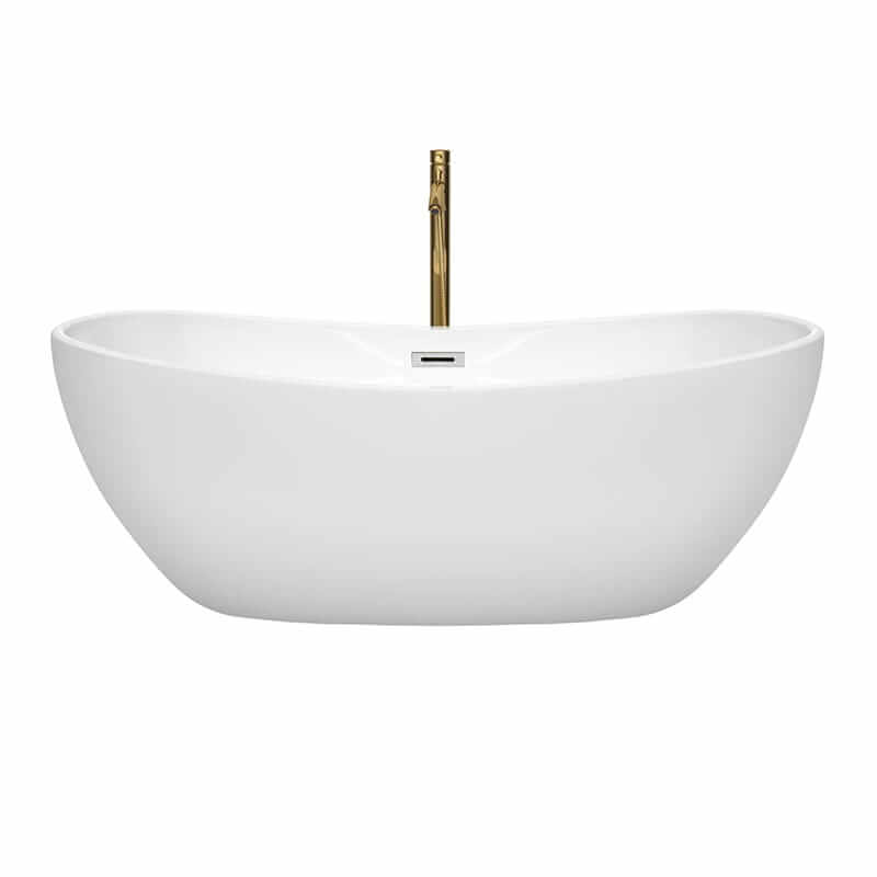 Wyndham Collection Rebecca 65 Inch Freestanding Acrylic White Bathtub With Polished Chrome Trim and Brushed Gold Faucet Front View