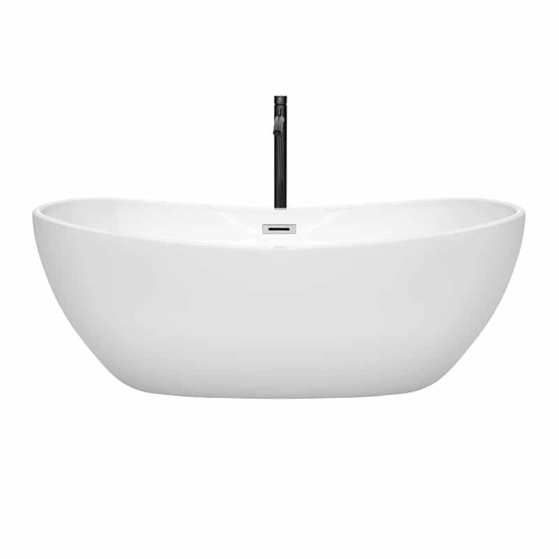 Wyndham Collection Rebecca 65 Inch Freestanding Acrylic White Bathtub With Polished Chrome Trim and Matte Black Faucet Front View