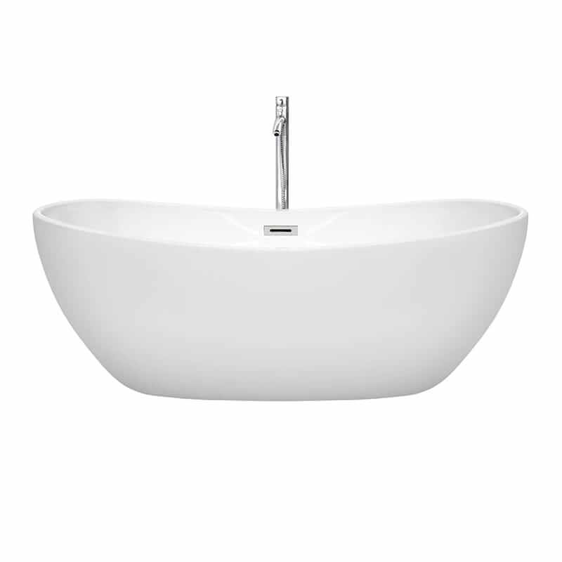 Wyndham Collection Rebecca 65 Inch Freestanding Acrylic White Bathtub With Polished Chrome Trim Front View