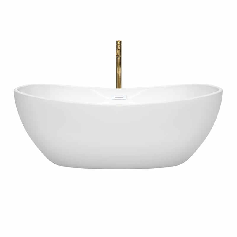 Wyndham Collection Rebecca 65 Inch Freestanding Acrylic White Bathtub With Shiny White Trim and Brushed Gold Faucet Front View