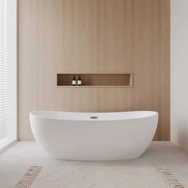 Wyndham Collection Rebecca 70" Freestanding Acrylic White Bathtub With Brushed Nickel Trim No Faucet Lifestyle