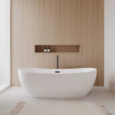 Wyndham Collection Rebecca 70" Freestanding Acrylic White Bathtub With Matte Black Trim Lifestyle