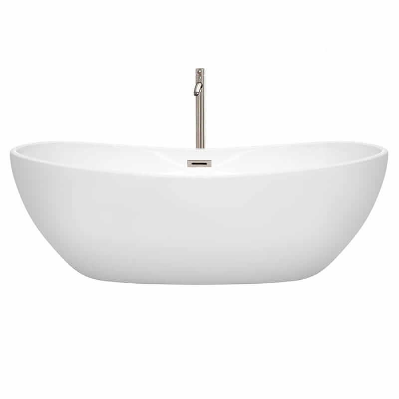 Wyndham Collection Rebecca 70 Inch Freestanding Acrylic White Bathtub With Brushed Nickel Trim Front View