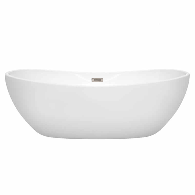 Wyndham Collection Rebecca 70 Inch Freestanding Acrylic White Bathtub With Brushed Nickel Trim No Faucet Front View