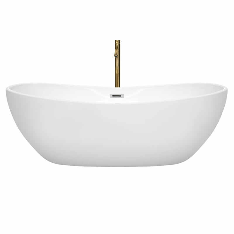 Wyndham Collection Rebecca 70 Inch Freestanding Acrylic White Bathtub With Polished Chrome Trim and Brushed Gold Faucet Front View