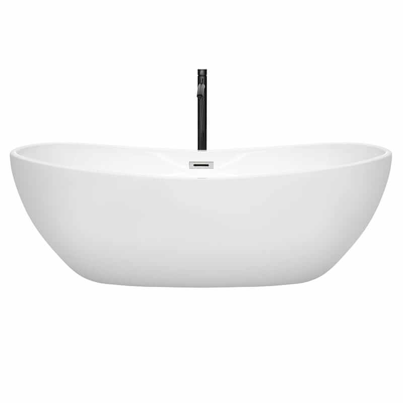 Wyndham Collection Rebecca 70 Inch Freestanding Acrylic White Bathtub With Polished Chrome Trim and Matte Black Faucet Front View