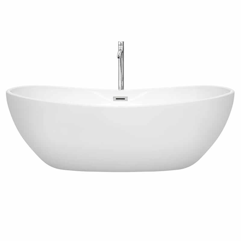 Wyndham Collection Rebecca 70 Inch Freestanding Acrylic White Bathtub With Polished Chrome Trim Front View