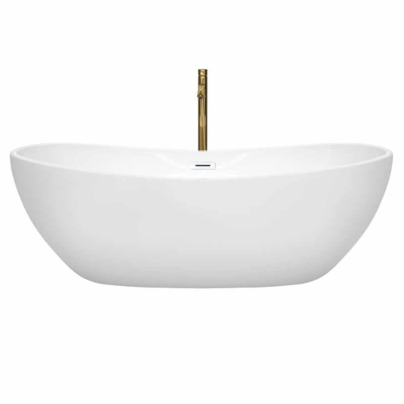 Wyndham Collection Rebecca 70 Inch Freestanding Acrylic White Bathtub With Shiny White Trim and Brushed Gold Faucet Front View