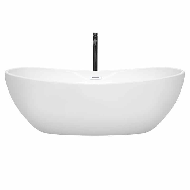 Wyndham Collection Rebecca 70 Inch Freestanding Acrylic White Bathtub With Shiny White Trim and Matte Black Faucet Front View