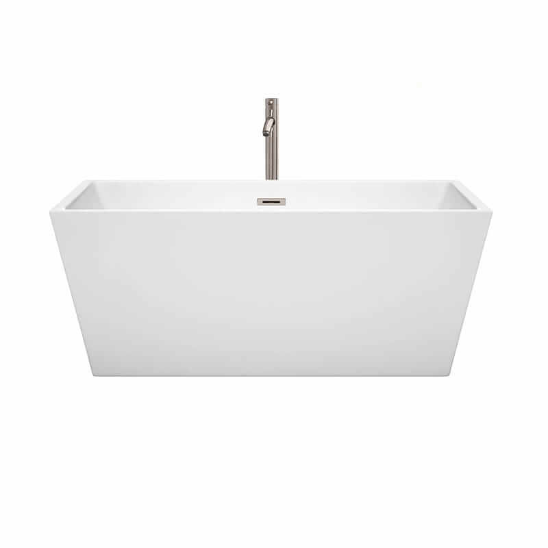 Wyndham Collection Sara 59 Inch Freestanding Acrylic White Bathtub With Brushed Nickel Trim Front View