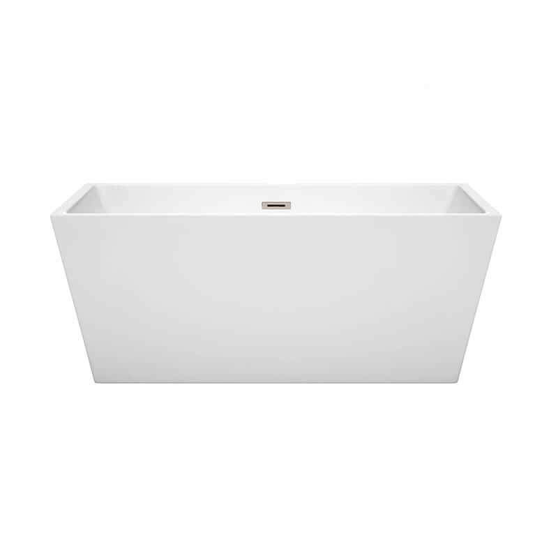 Wyndham Collection Sara 59 Inch Freestanding Acrylic White Bathtub With Brushed Nickel Trim No Faucet Front View