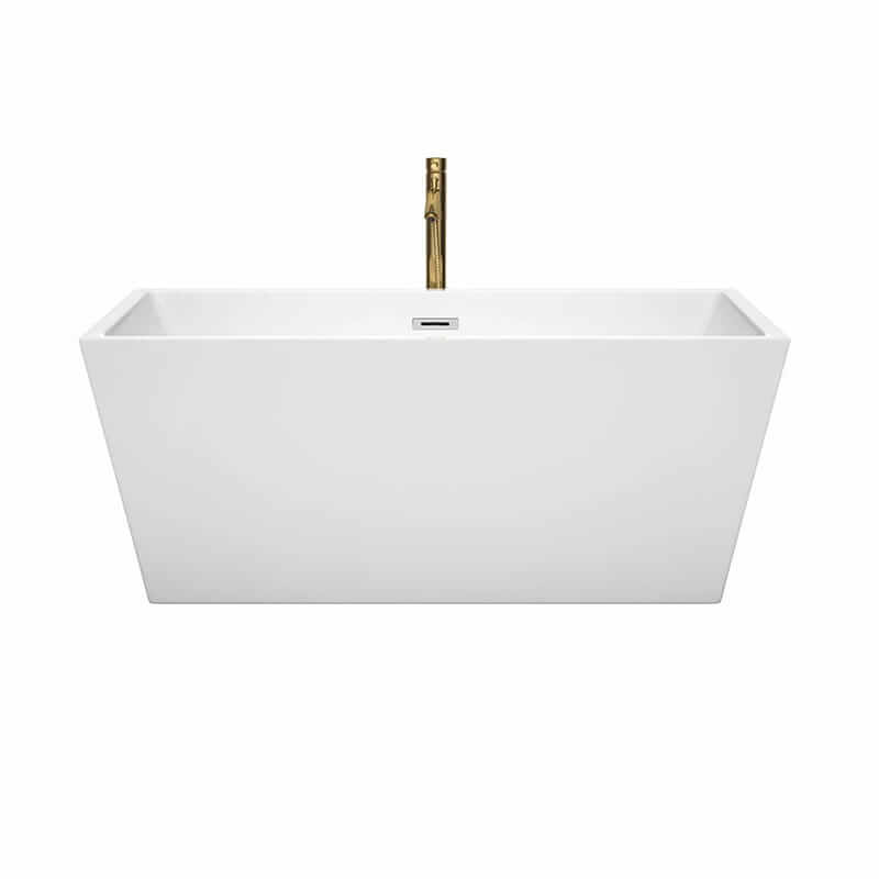 Wyndham Collection Sara 59 Inch Freestanding Acrylic White Bathtub With Polished Chrome Trim and Brushed Gold Faucet Front View