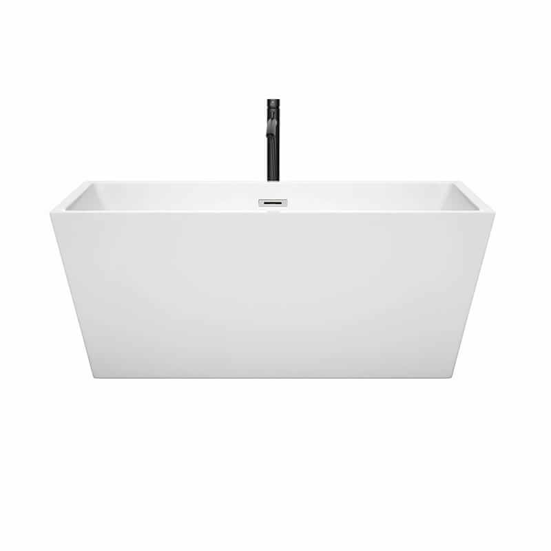 Wyndham Collection Sara 59 Inch Freestanding Acrylic White Bathtub With Polished Chrome Trim and Matte Black Faucet Front View