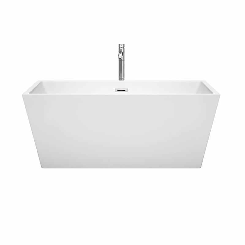 Wyndham Collection Sara 59 Inch Freestanding Acrylic White Bathtub With Polished Chrome Trim Front View