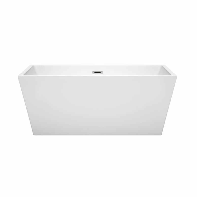 Wyndham Collection Sara 59 Inch Freestanding Acrylic White Bathtub With Polished Chrome Trim No Faucet Front View