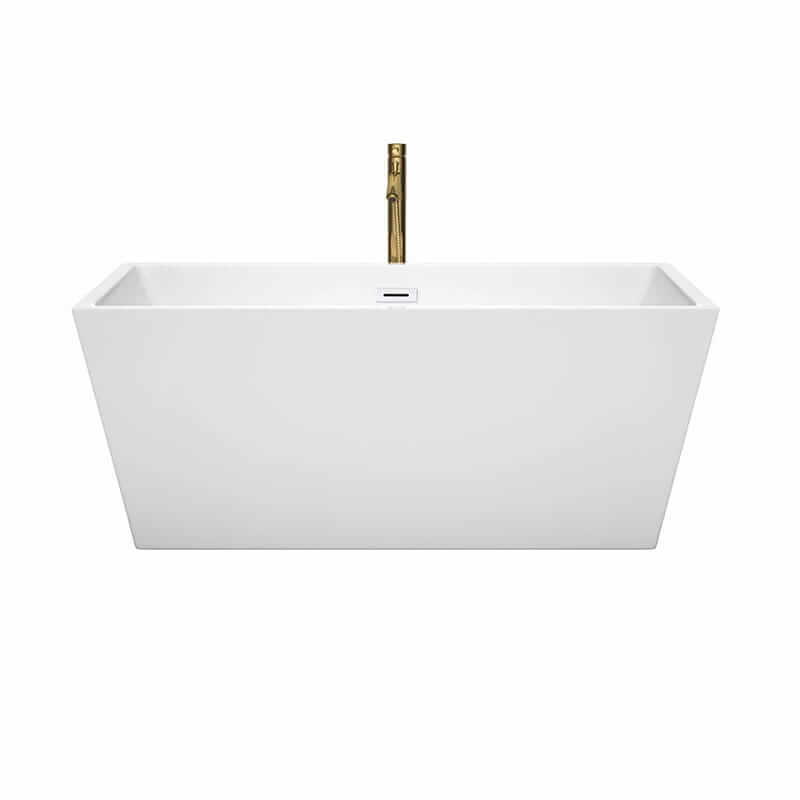 Wyndham Collection Sara 59 Inch Freestanding Acrylic White Bathtub With Shiny White Trim and Brushed Gold Faucet Front View