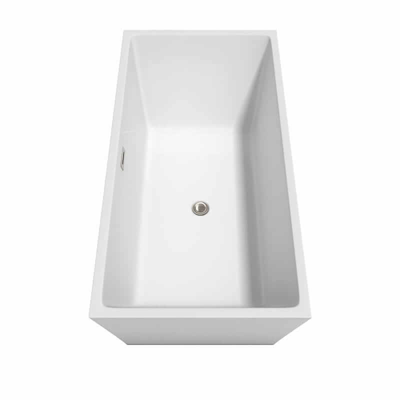 Wyndham Collection Sara 63" Freestanding Acrylic White Bathtub With Brushed Nickel Trim No Faucet Top Side View