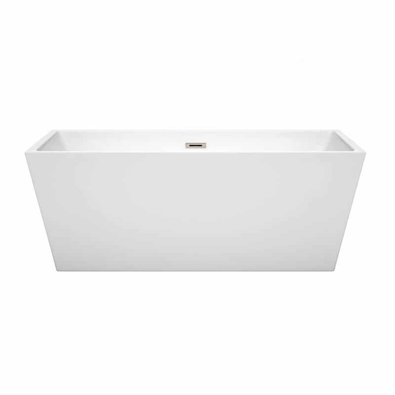 Wyndham Collection Sara 63 Inch Freestanding Acrylic White Bathtub With Brushed Nickel Trim No Faucet Front View
