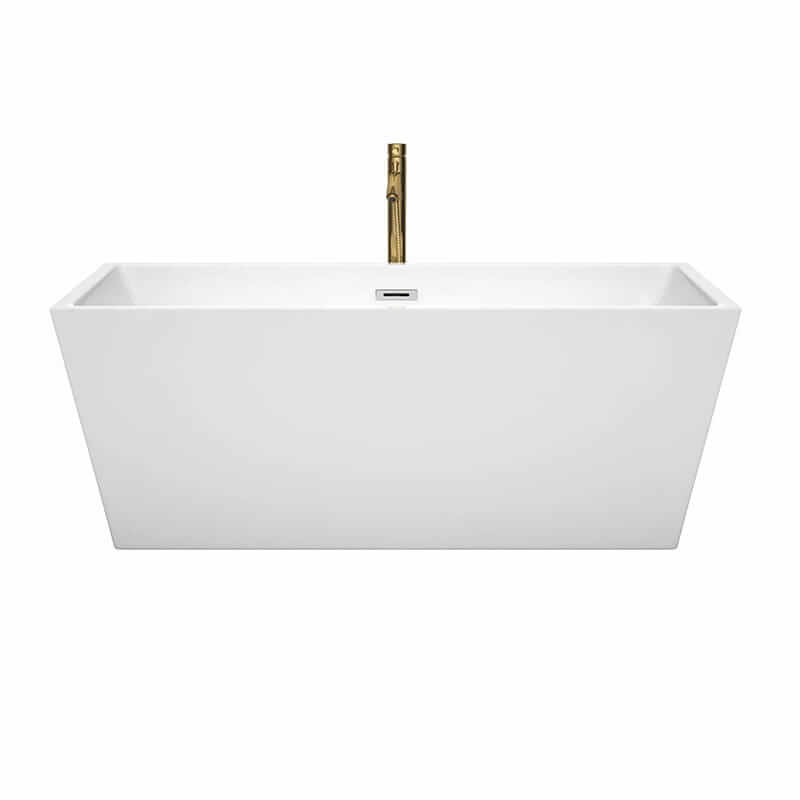 Wyndham Collection Sara 63 Inch Freestanding Acrylic White Bathtub With Polished Chrome Trim and Brushed Gold Faucet Front View