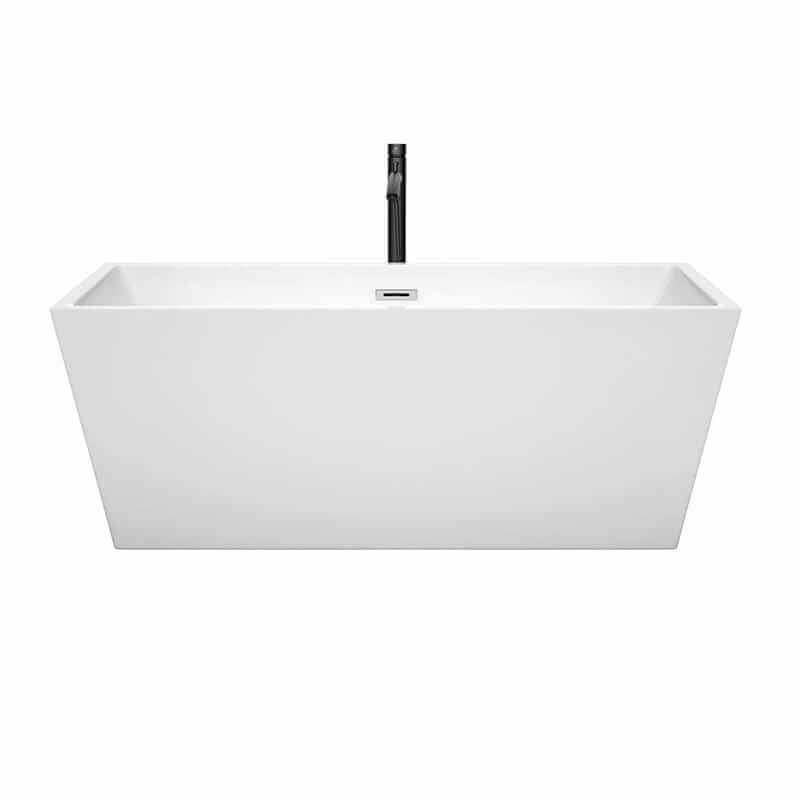 Wyndham Collection Sara 63 Inch Freestanding Acrylic White Bathtub With Polished Chrome Trim and Matte Black Faucet Front View