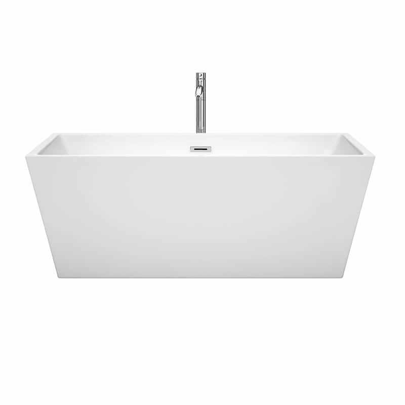 Wyndham Collection Sara 63 Inch Freestanding Acrylic White Bathtub With Polished Chrome Trim Front View