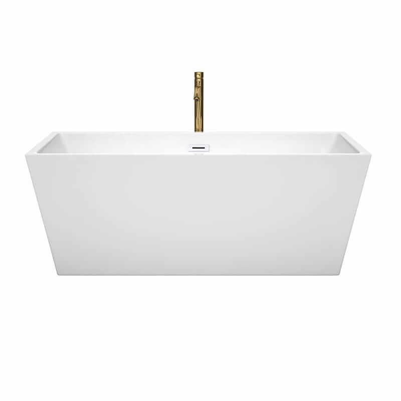 Wyndham Collection Sara 63 Inch Freestanding Acrylic White Bathtub With Shiny White Trim and Brushed Gold Faucet Front View