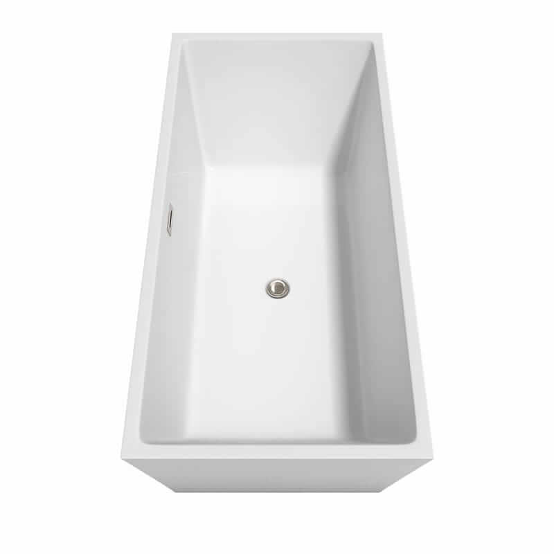 Wyndham Collection Sara 67" Freestanding Acrylic White Bathtub With Brushed Nickel Trim No Faucet Top Side View